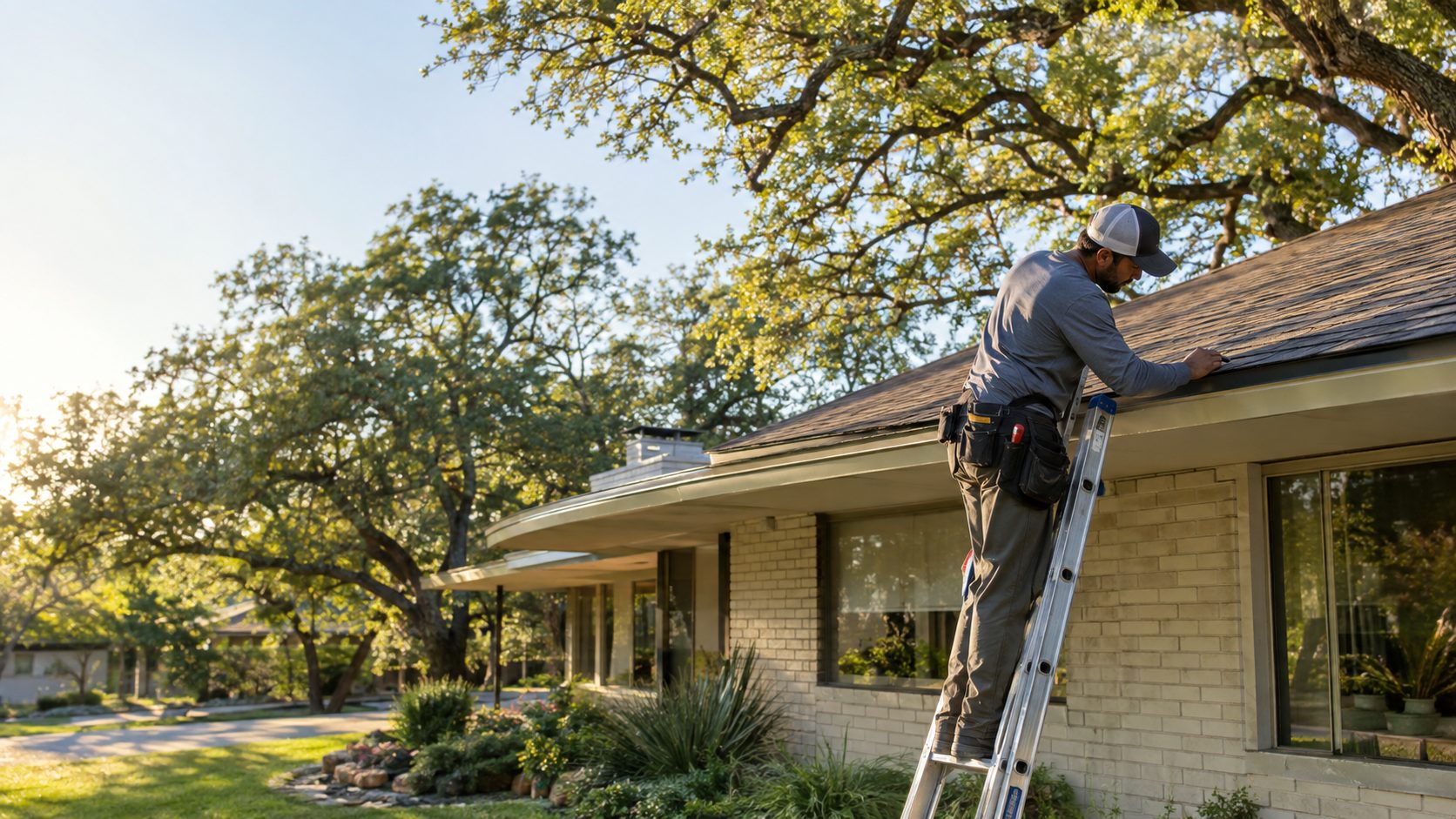 A roofing contractor checks shingle edges from a ladder beside a mid-century Brentwood ranch on a clear Austin afternoon in Brentwood, TX