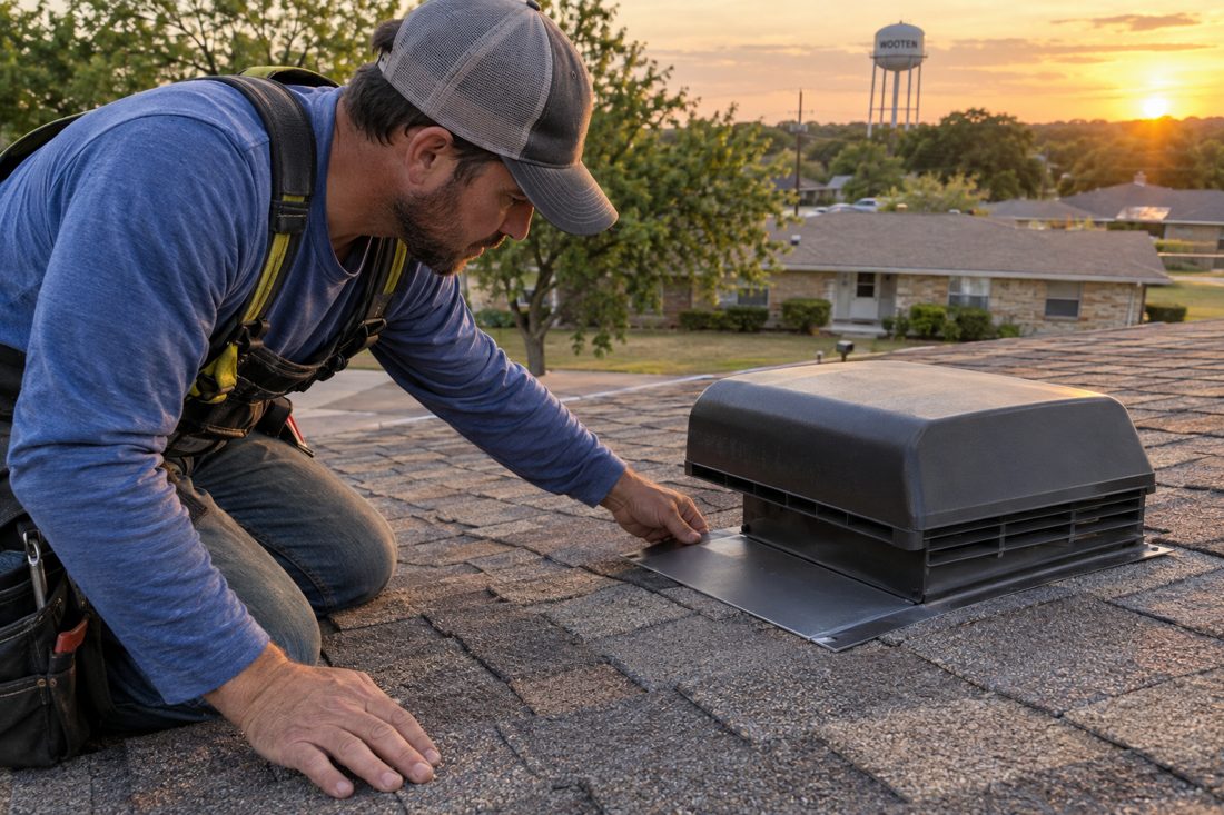 Close view of a roofer checking flashing beside a roof vent on a low-pitched shingle roof, with Wooten homes softly visible beyond in Wooten, TX